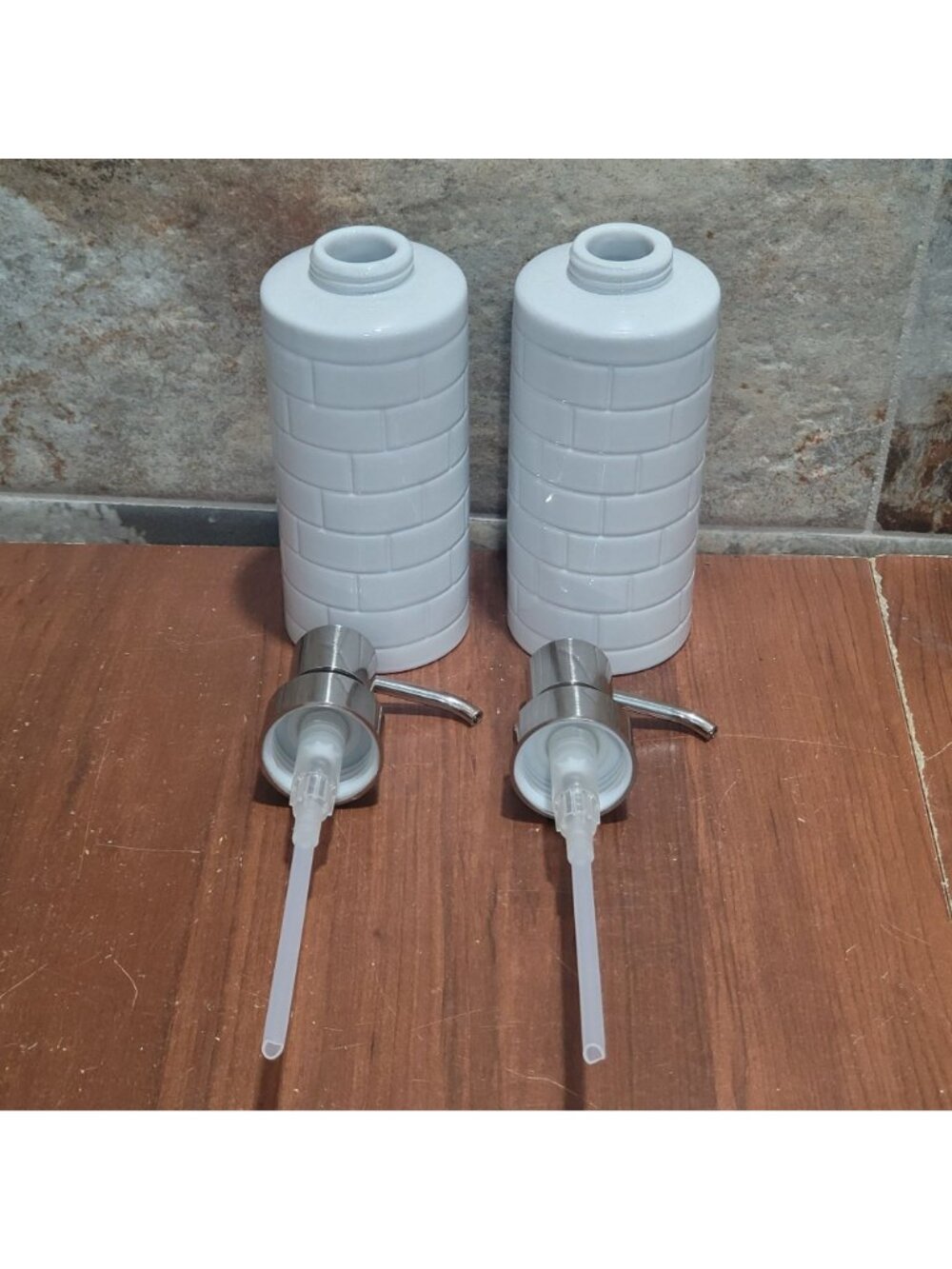 Threshold White Ceramic Soap Dispenser Set 2pc Subway Tile Brick Pattern Chrome - Picture 6 of 8